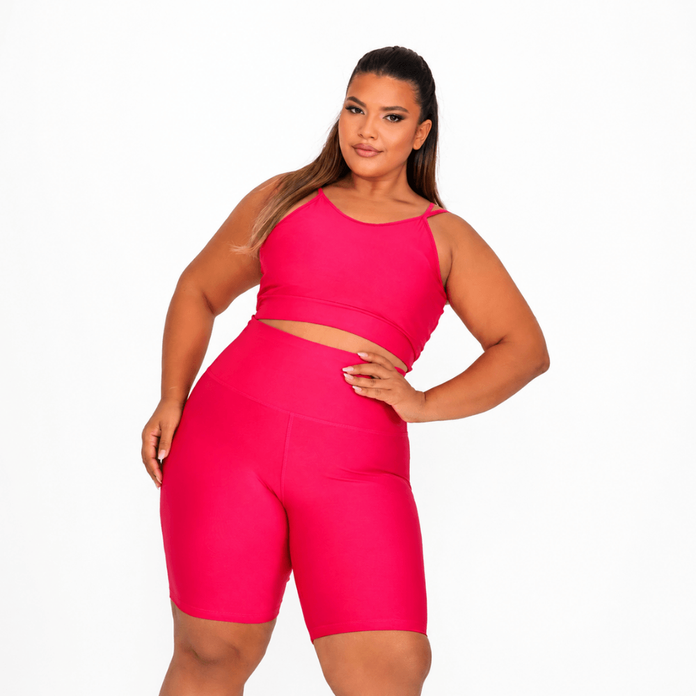 Conjunto Fitness Plus Size Feminino Rosa Pink com Bermuda Cintura Alta Premium