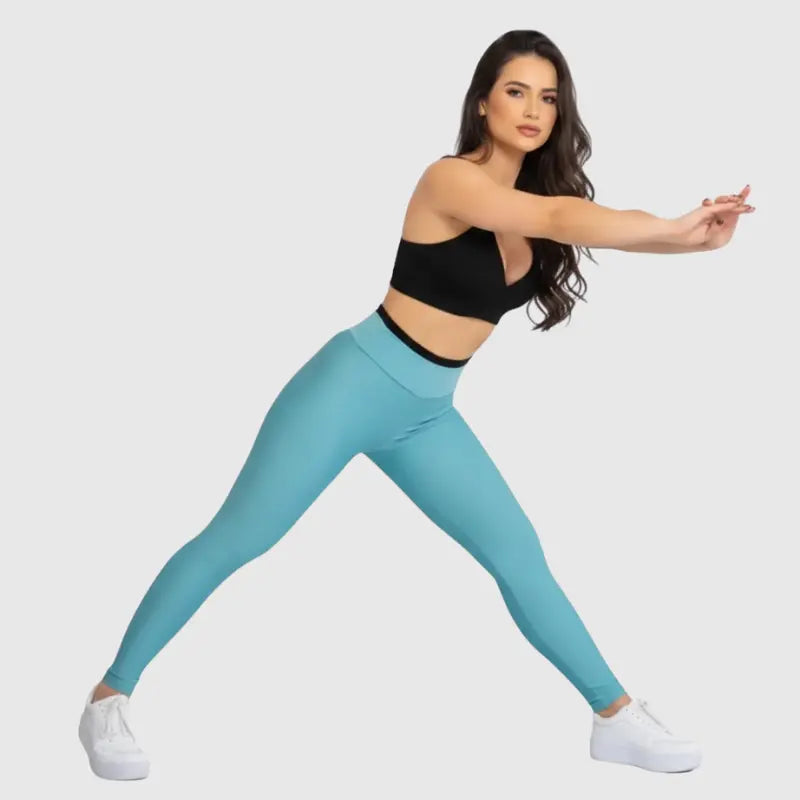 Conjunto Fitness Glow Azul Claro com Top Preto - Legging Zero Transparência Slim