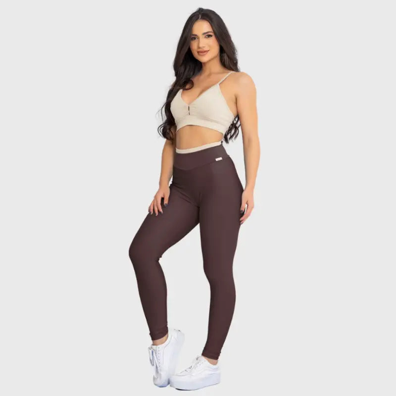 Conjunto Fitness Glow Marrom Café com Top Bege - Legging Zero Transparência Slim