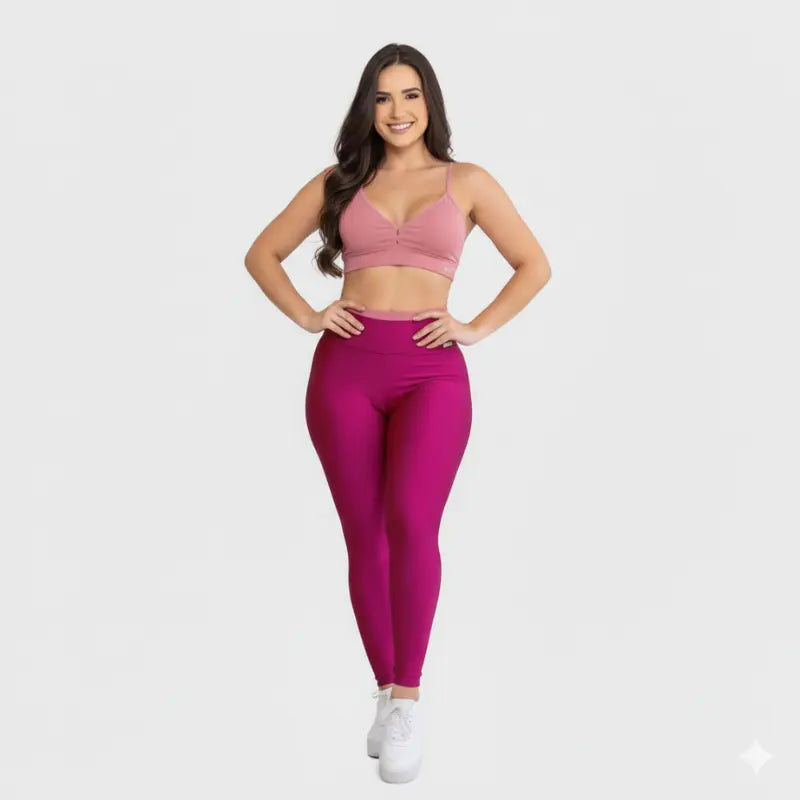 Conjunto Fitness Glow Rosa Pink com Top Rosa - Legging Zero Transparência Slim