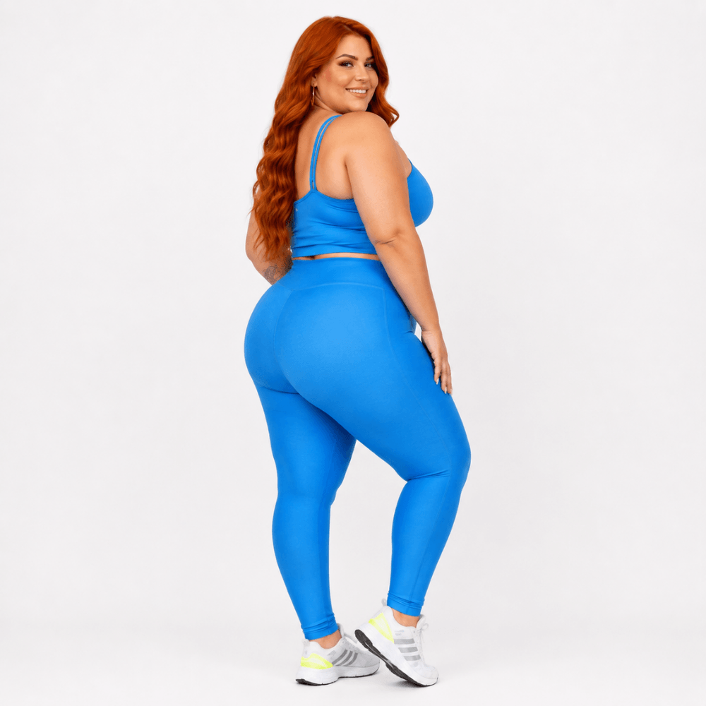 Conjunto Fitness Plus Size Feminino Azul Claro Transparência Cintura Alta Premium