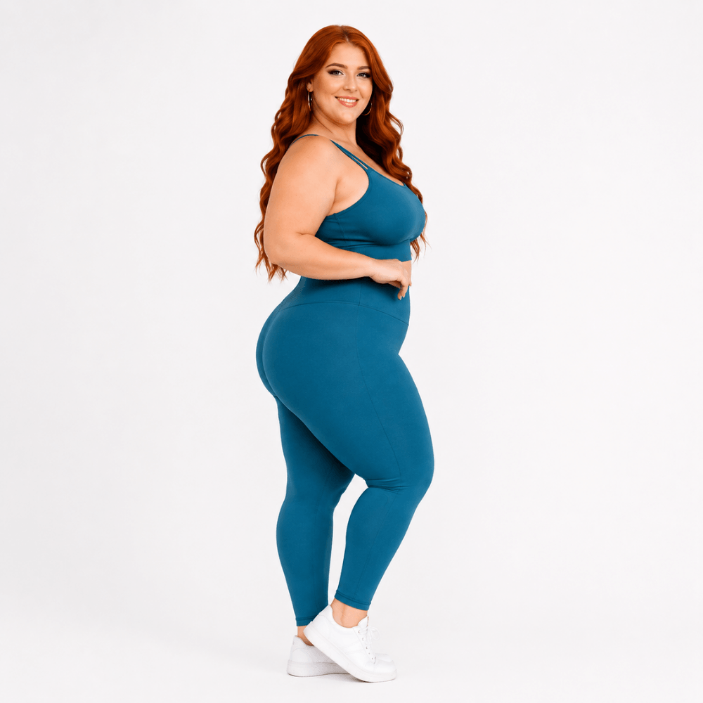 Conjunto Fitness Plus Size Feminino Azul Petróleo Transparência Cintura Alta Premium