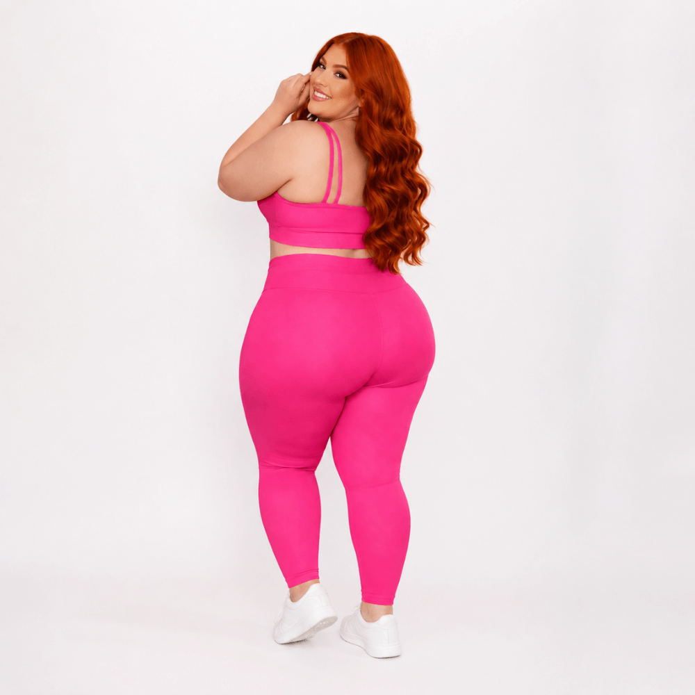 Conjunto Fitness Plus Size Feminino Rosa Neon Zero Transparência Cintura Alta Premium