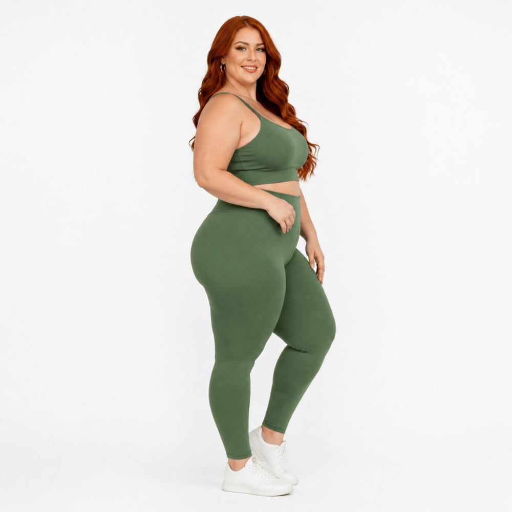 Conjunto Fitness Plus Size Feminino Verde Musgo Zero Transparência Cintura Alta Premium