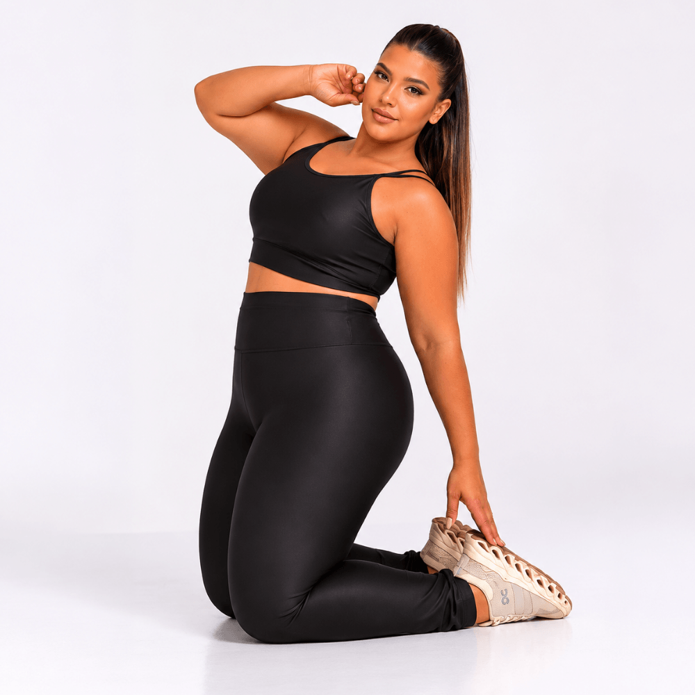 Conjunto Fitness Plus Size Feminino Preto Glow Transparência Cintura Alta Premium