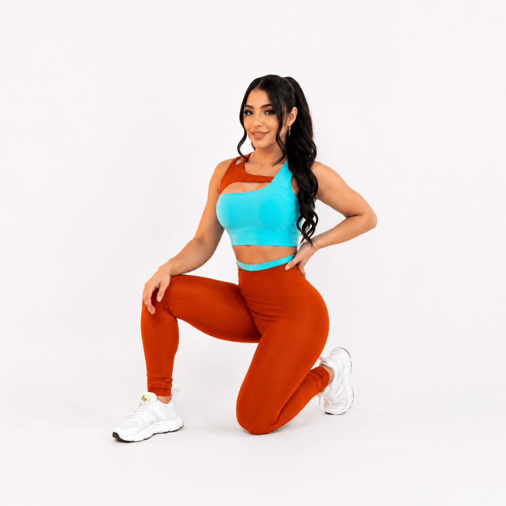 Conjunto Fitness Feminino Terracota e Azul Top e Legging Cintura Alta Premium