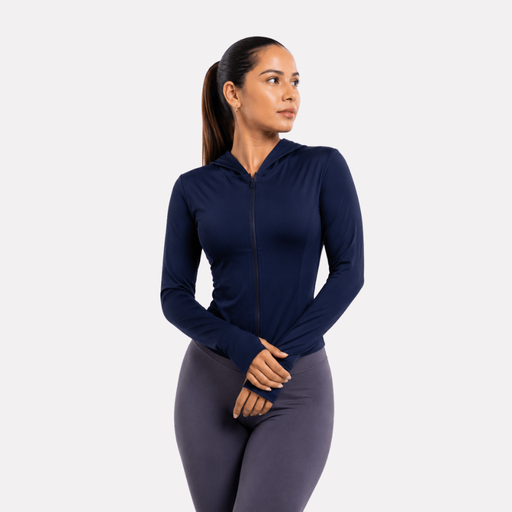Jaqueta Fitness Feminina com Capuz Manga Longa Dry Fit Zíper Preta