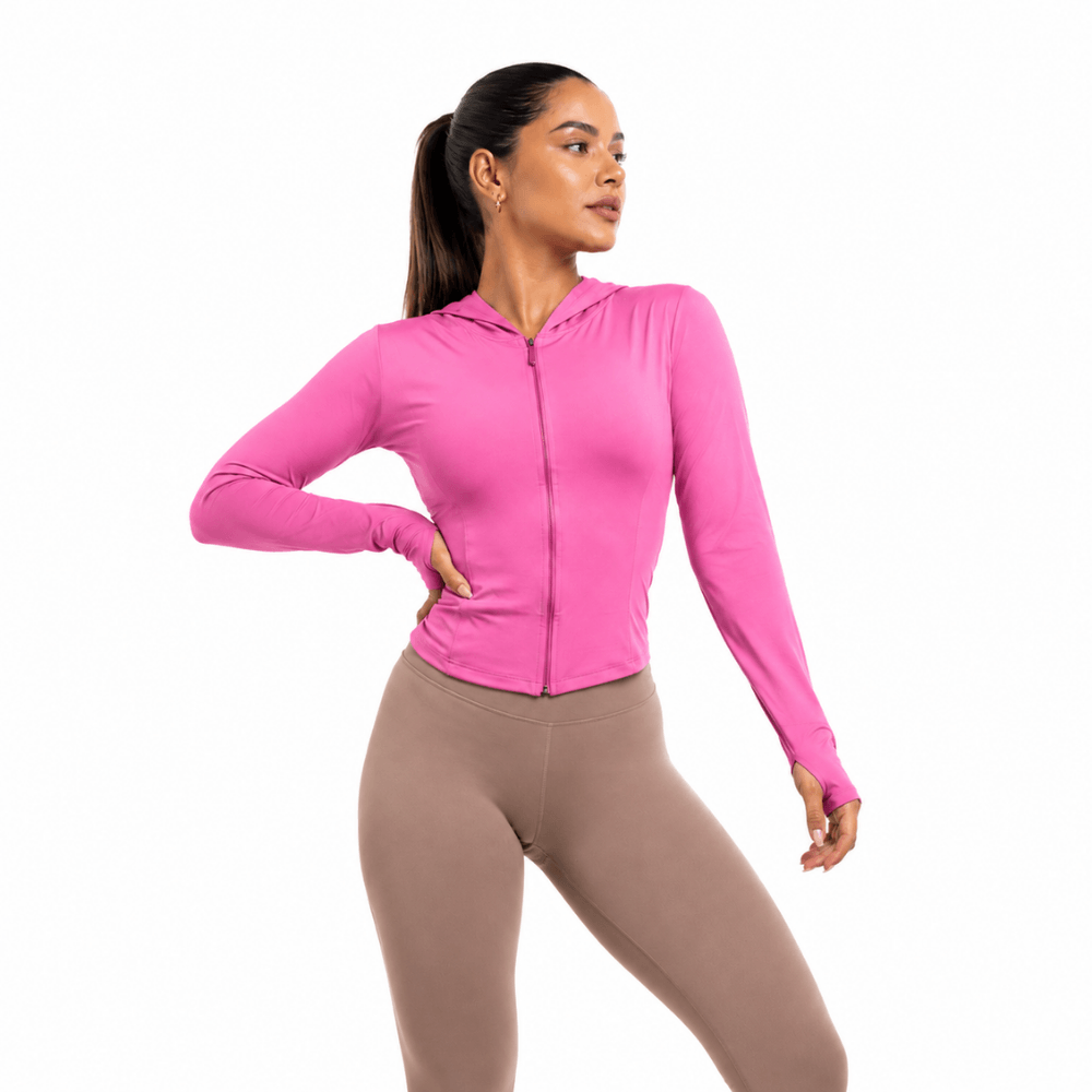 Jaqueta Fitness Feminina com Capuz Manga Longa Dry Fit Zíper Rosa
