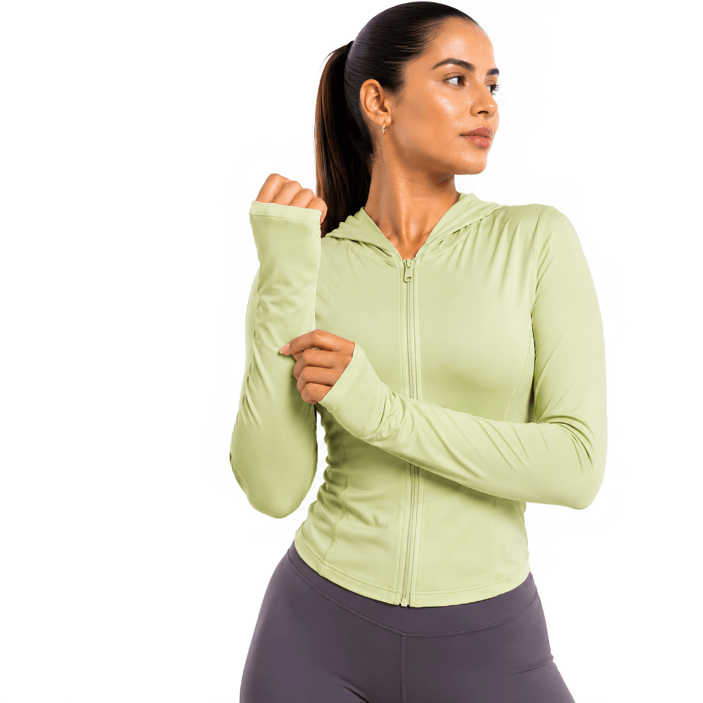 Jaqueta Fitness Feminina com Capuz Manga Longa Dry Fit Zíper Verde Claro