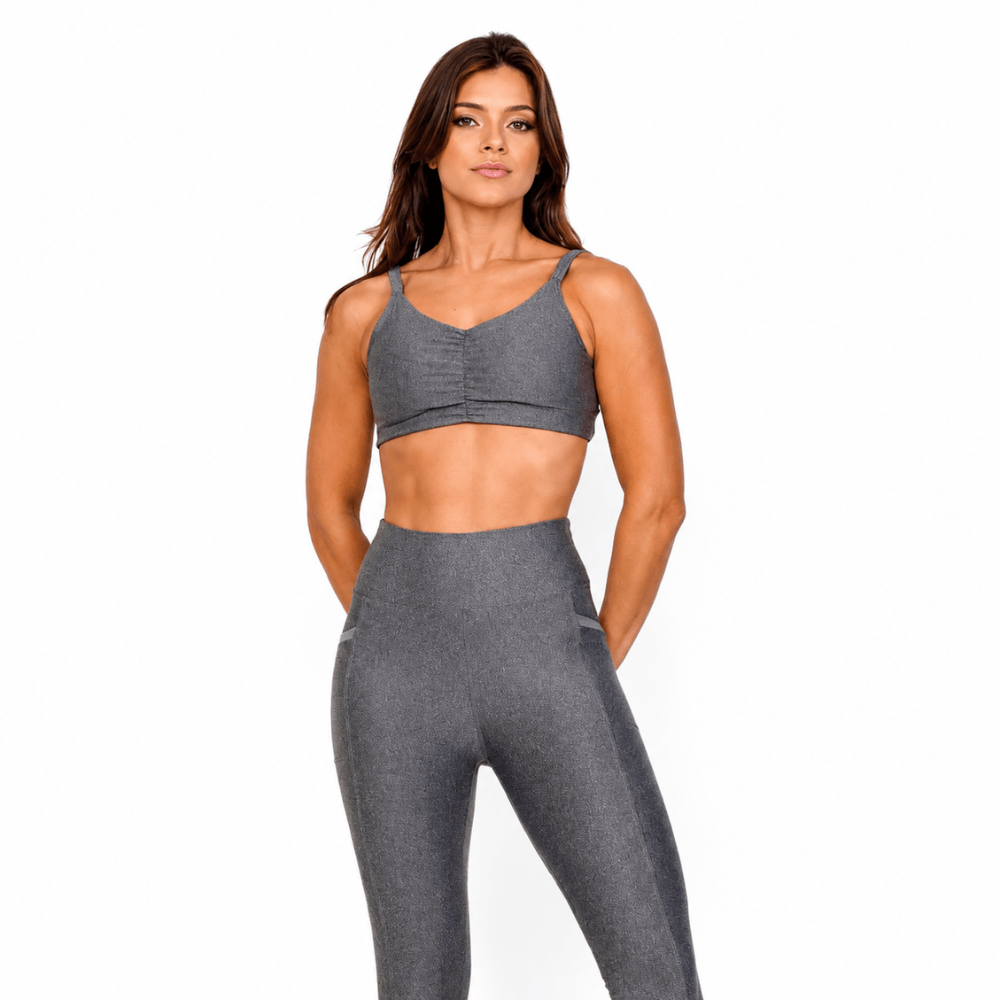 Conjunto Fitness Feminino Cinza Chumbo com Bolso Lateral e Cintura Alta Premium