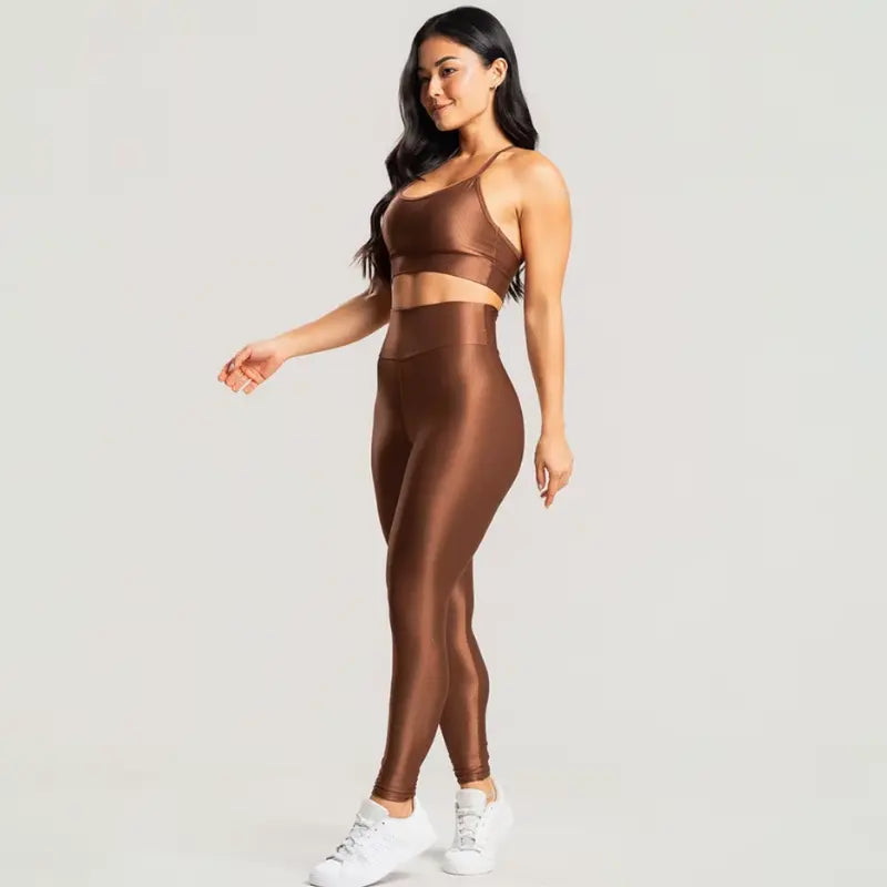 Conjunto Feminino Bronze Academia Trilobal Prisma - Top e Legging Canelada Brilho Premium