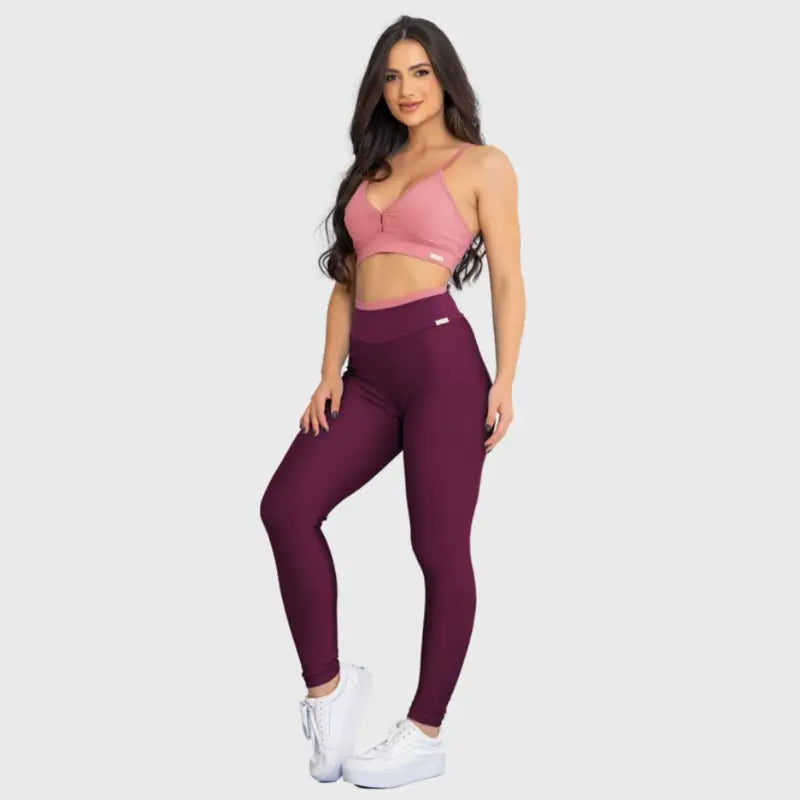 Conjunto Fitness Glow Vinho Bordô com Top Rosa - Legging Zero Transparência Slim