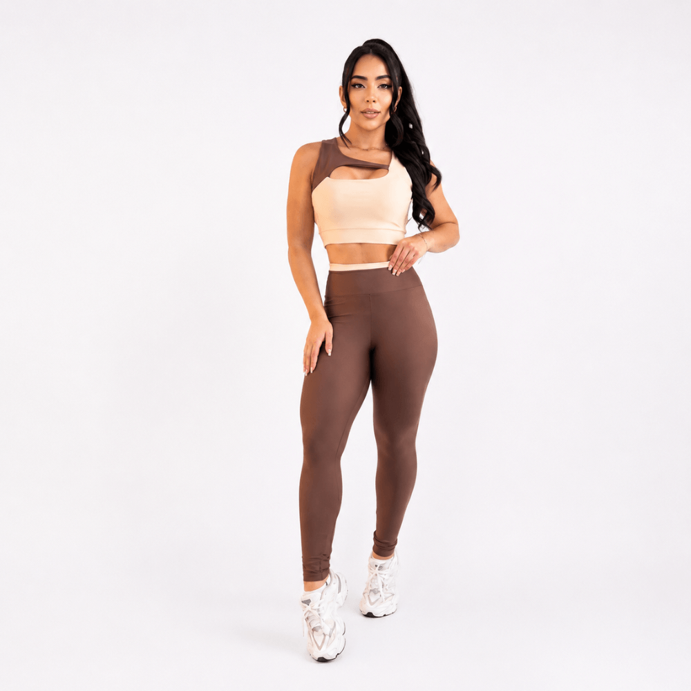 Conjunto Fitness Feminino Marrom e Bege Top e Legging Cintura Alta Premium