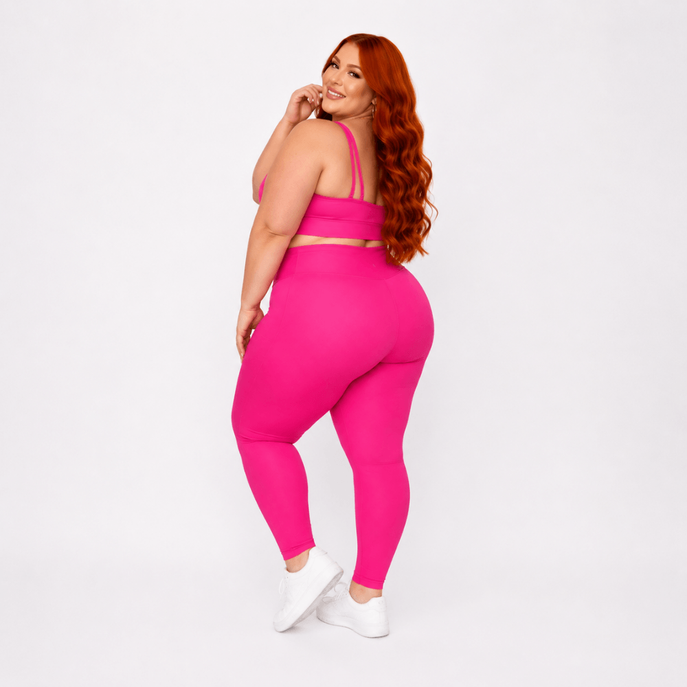 Conjunto Fitness Plus Size Feminino Rosa Neon Zero Transparência Cintura Alta Premium