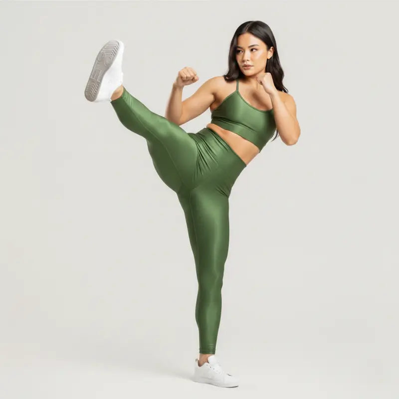 Conjunto Feminino Verde Academia Trilobal Prisma - Top e Legging Canelada Brilho Premium