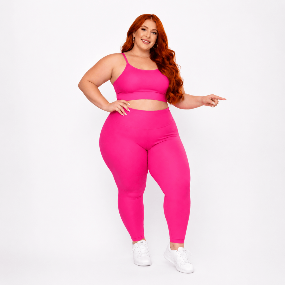 Conjunto Fitness Plus Size Feminino Rosa Neon Zero Transparência Cintura Alta Premium