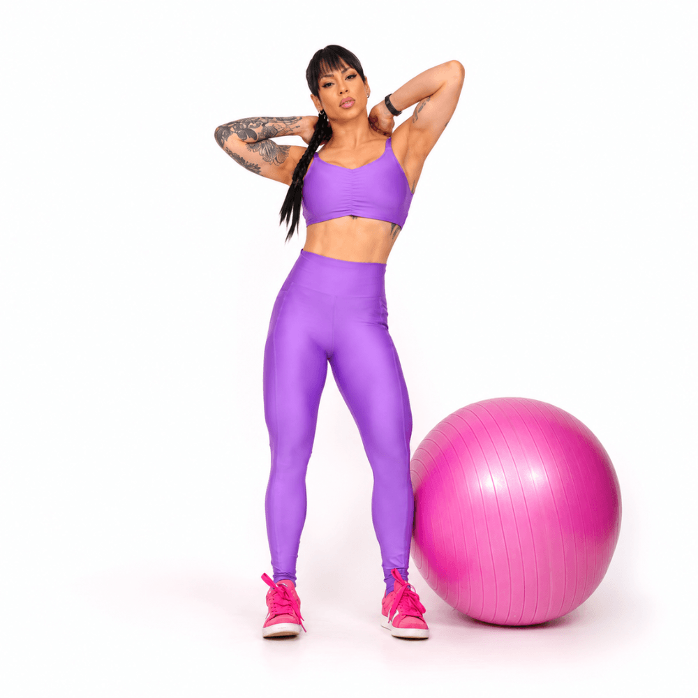 Conjunto Fitness Feminino Roxo com Bolso Lateral e Cintura Alta Premium