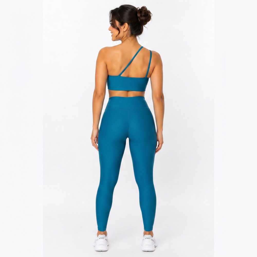 Top Fitness Nula Manga Azul Petróleo Glow Um Ombro Só - Com Compressão e Proteção UV