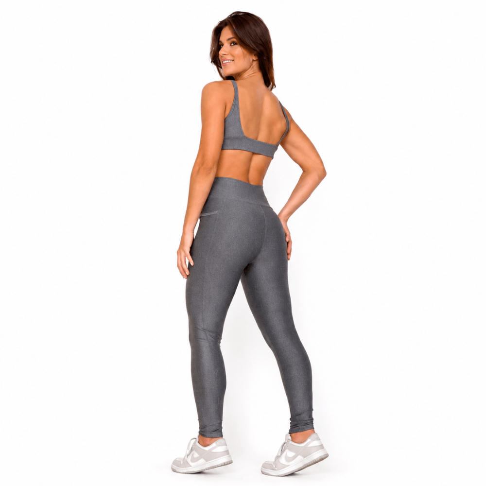 Conjunto Fitness Feminino Cinza Chumbo com Bolso Lateral e Cintura Alta Premium