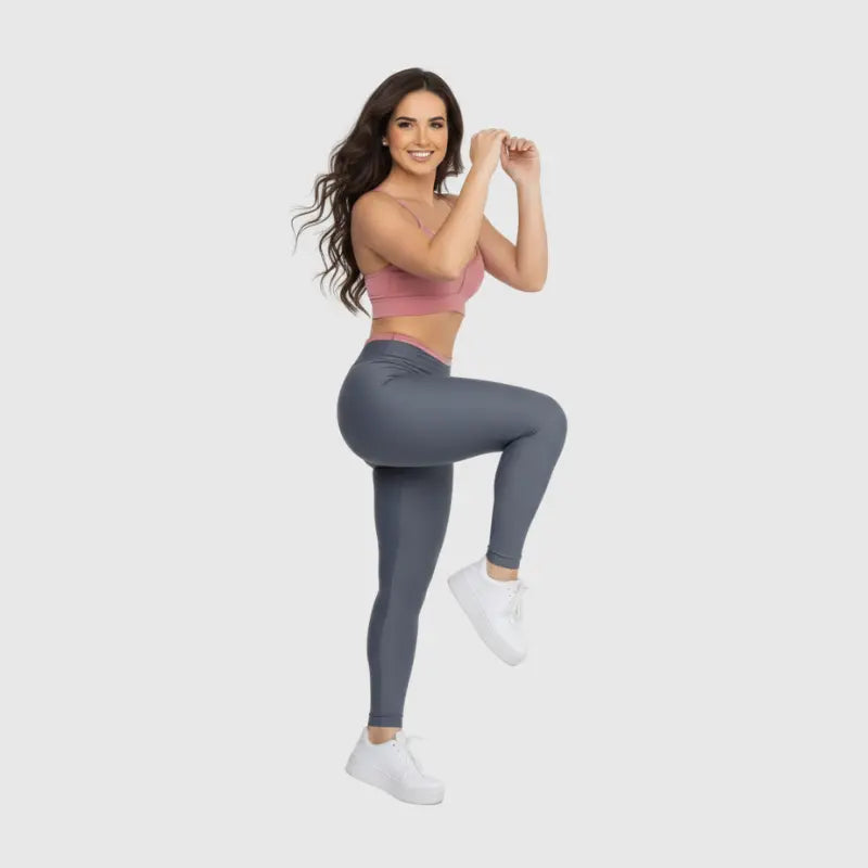 Conjunto Fitness Glow Cinza com Top Rosa - Legging Zero Transparência Slim