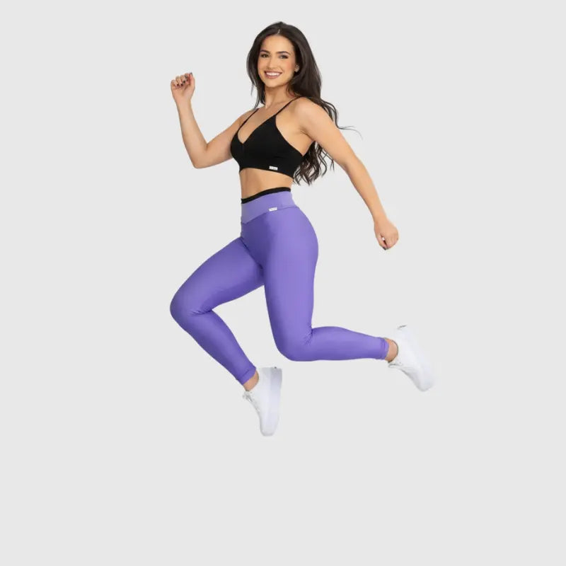 Conjunto Fitness Glow Lilás com Top Preto - Legging Zero Transparência Slim