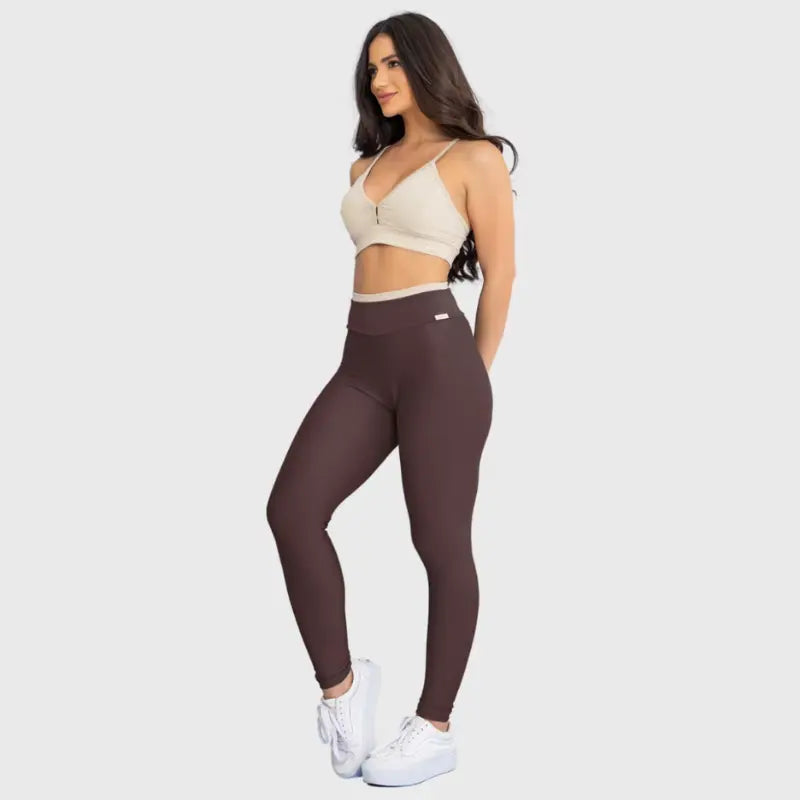 Conjunto Fitness Glow Marrom Café com Top Bege - Legging Zero Transparência Slim