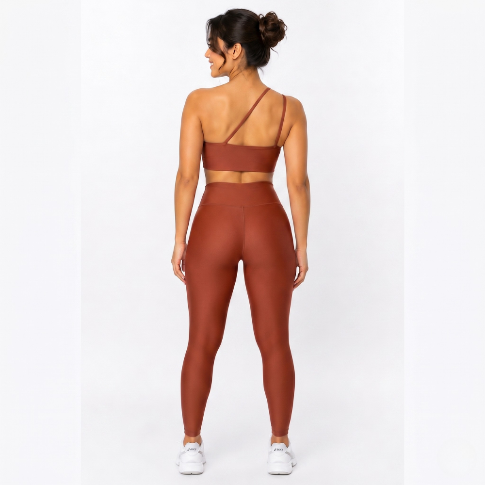 Top Fitness Nula Manga Marrom Terracota Um Ombro Só - Com Compressão e Proteção UV