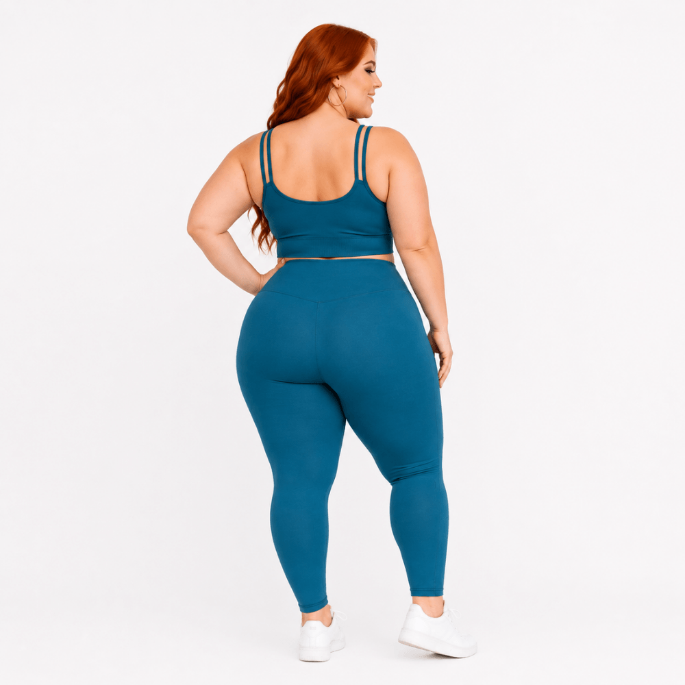 Conjunto Fitness Plus Size Feminino Azul Petróleo Transparência Cintura Alta Premium