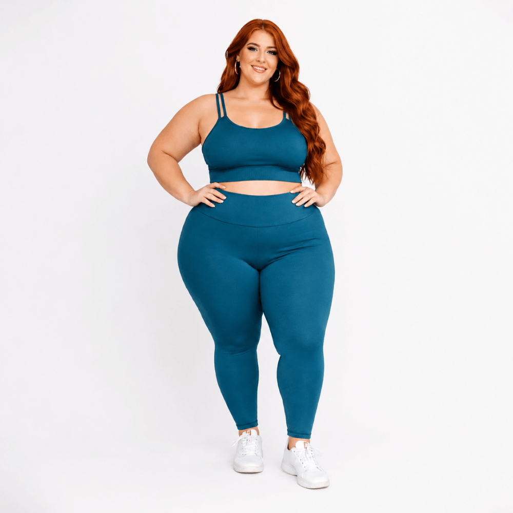 Conjunto Fitness Plus Size Feminino Azul Petróleo Transparência Cintura Alta Premium