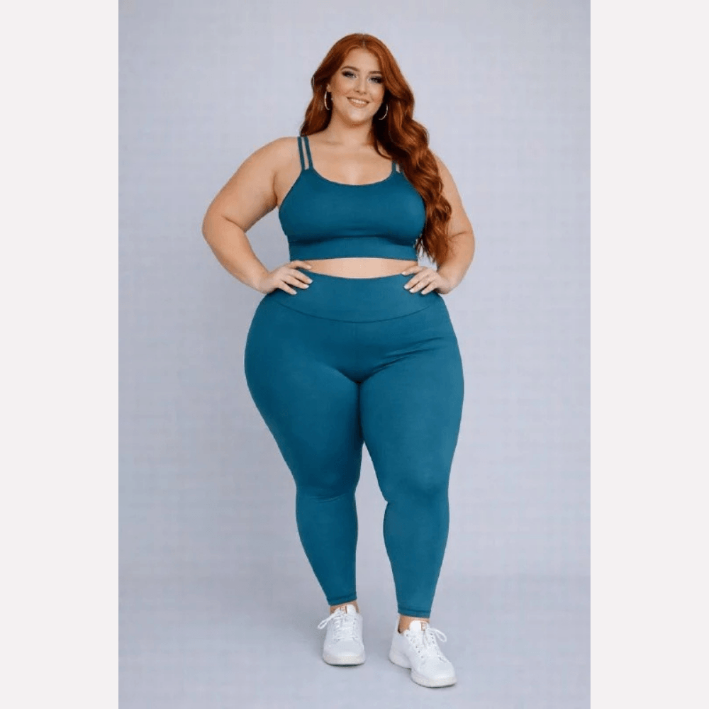 Conjunto Fitness Plus Size Feminino Azul Petróleo Transparência Cintura Alta Premium