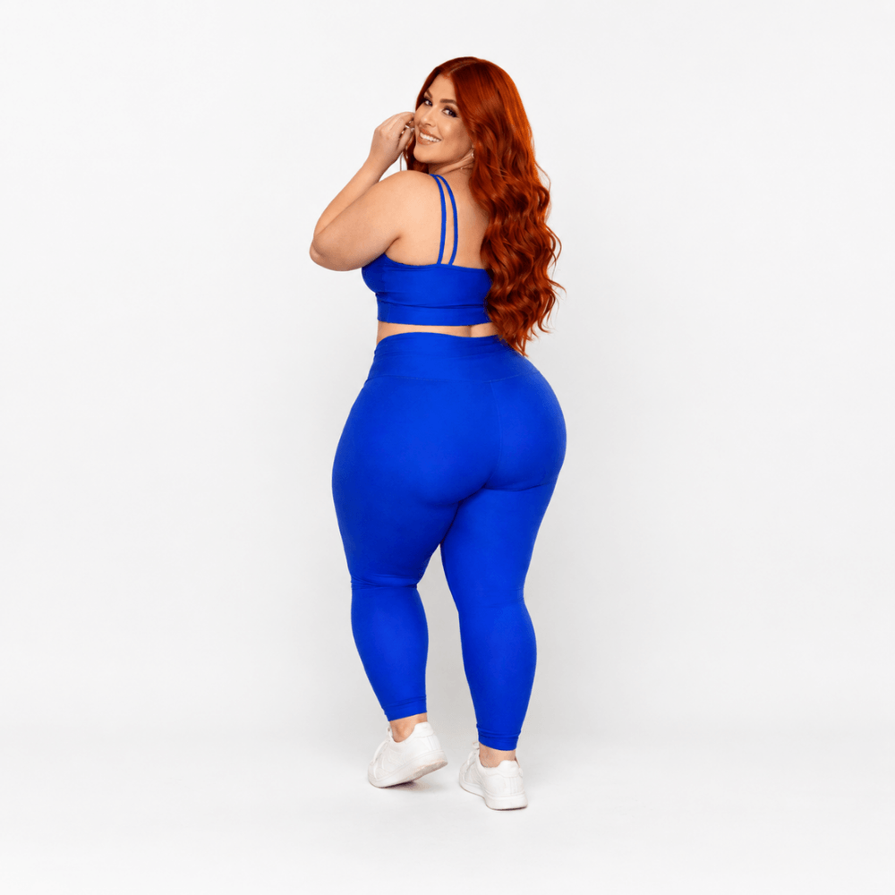 Conjunto Fitness Plus Size Feminino Azul Royal Zero Transparência Cintura Alta Premium