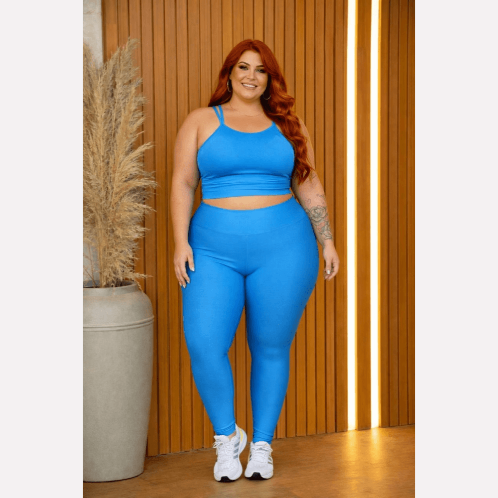 Conjunto Fitness Plus Size Feminino Azul Claro Transparência Cintura Alta Premium