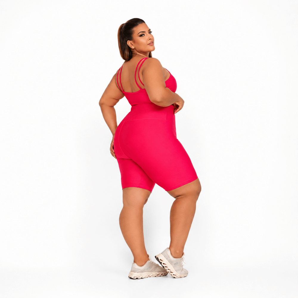 Conjunto Fitness Plus Size Feminino Rosa Pink com Bermuda Cintura Alta Premium