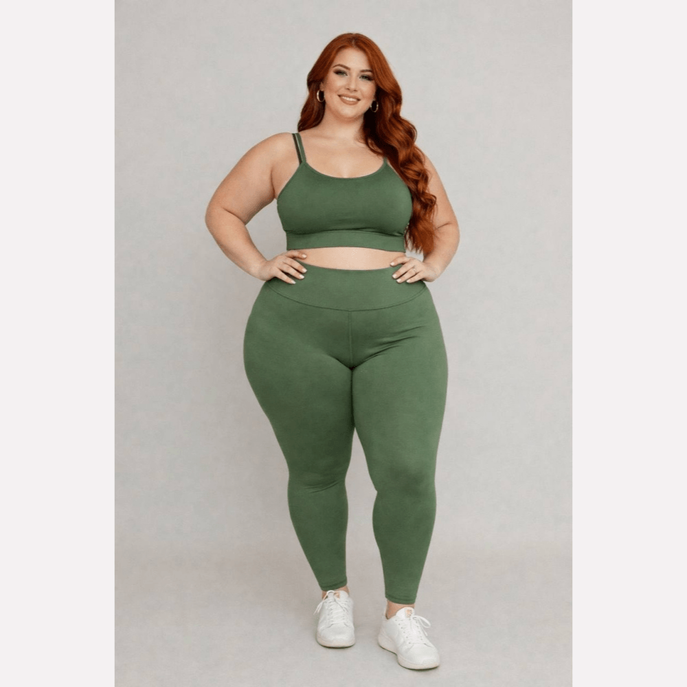 Conjunto Fitness Plus Size Feminino Verde Musgo Zero Transparência Cintura Alta Premium