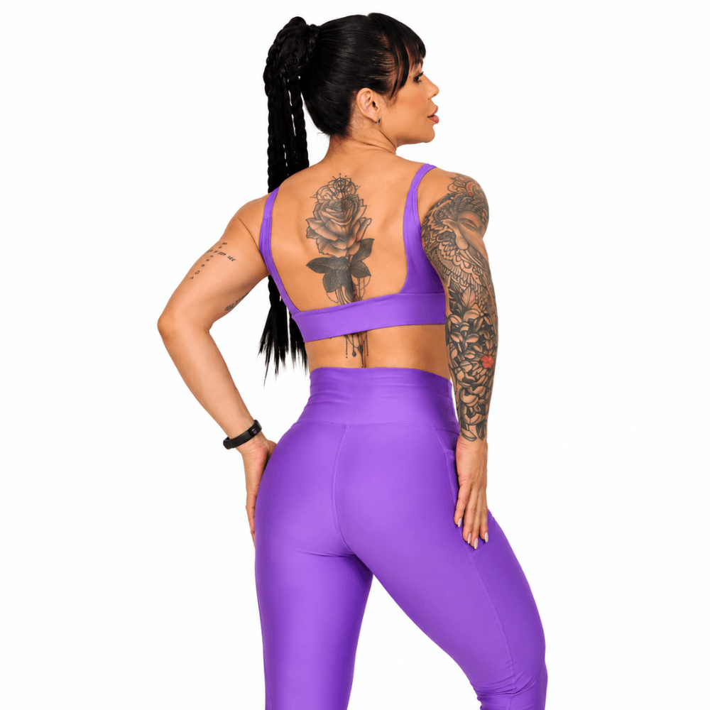 Conjunto Fitness Feminino Roxo com Bolso Lateral e Cintura Alta Premium
