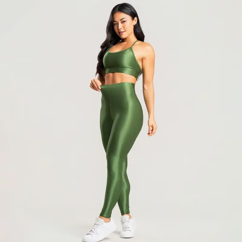 Conjunto Feminino Verde Academia Trilobal Prisma - Top e Legging Canelada Brilho Premium