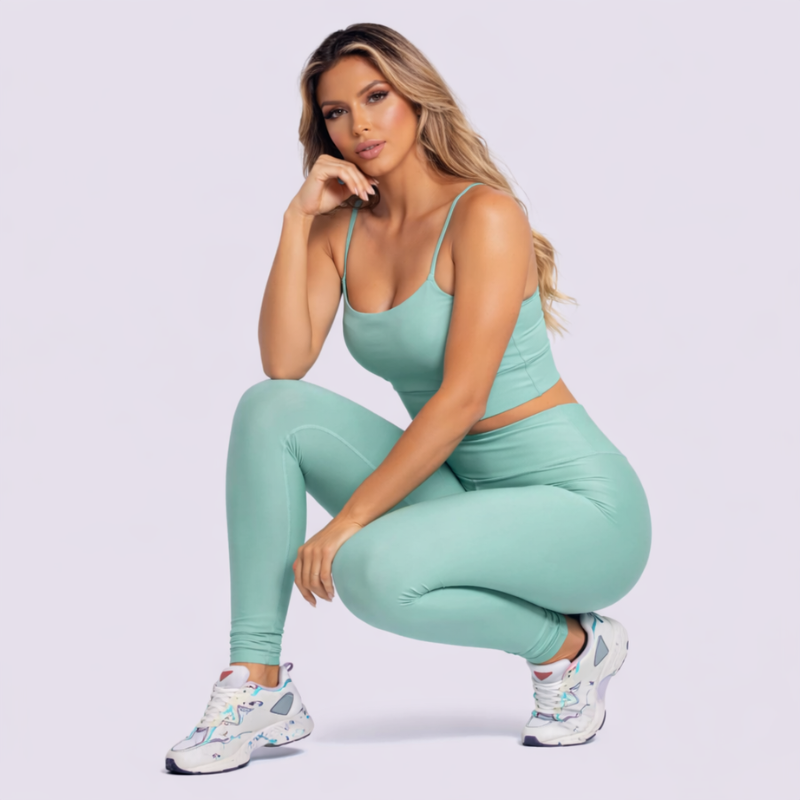 Conjunto Fitness Feminino Verde Água Top e Legging Cintura Alta Premium
