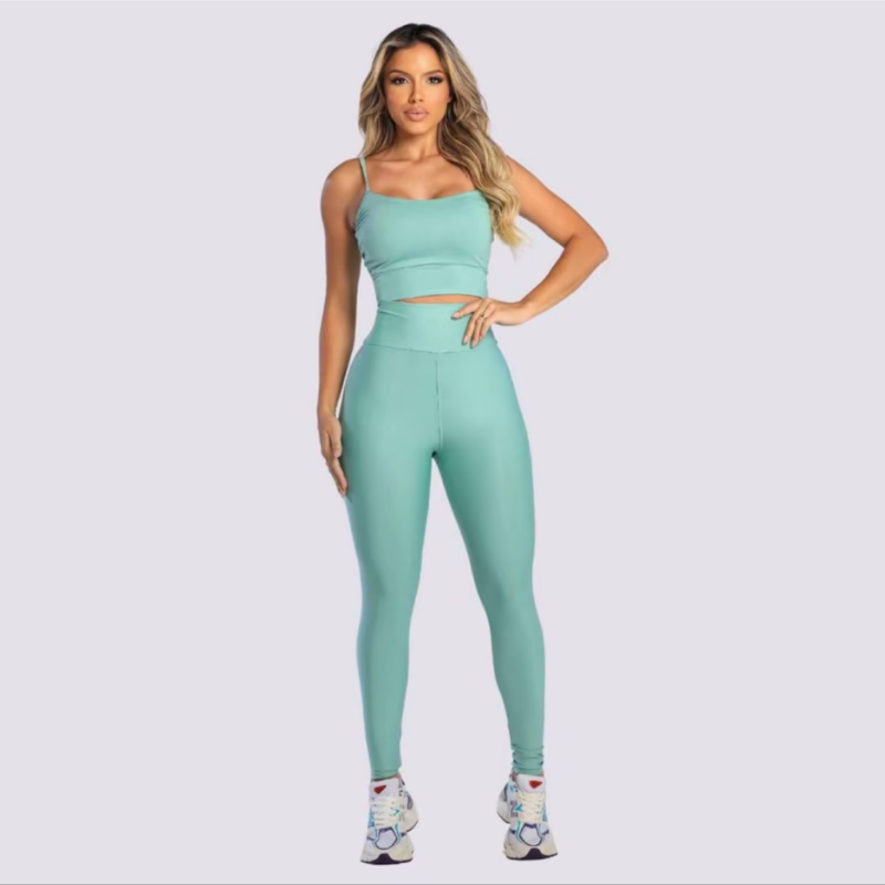 Conjunto Fitness Feminino Verde Água Top e Legging Cintura Alta Premium