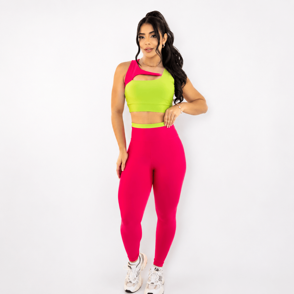 Conjunto Fitness Feminino Pink e Verde Lima Top e Legging Cintura Alta Premium