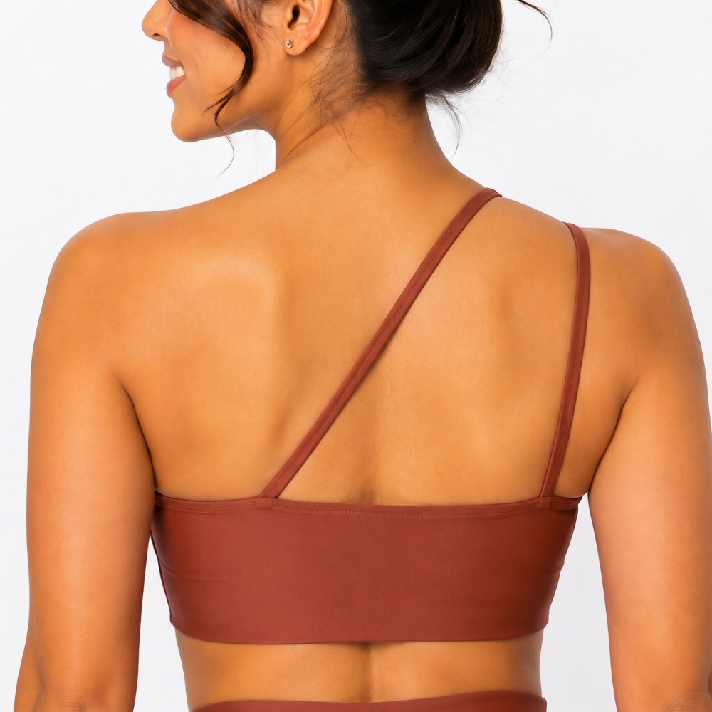 Top Fitness Nula Manga Marrom Terracota Um Ombro Só - Com Compressão e Proteção UV