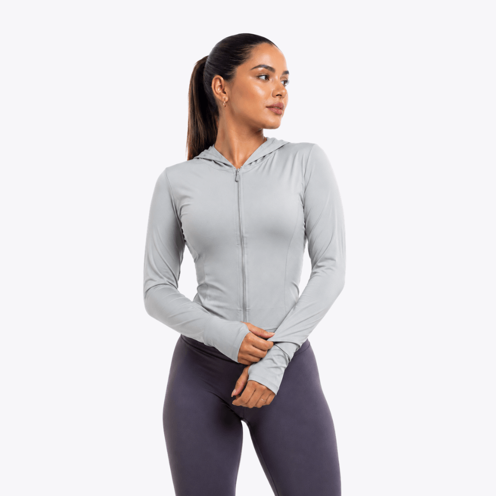 Jaqueta Fitness Feminina com Capuz Manga Longa Dry Fit Zíper Cinza