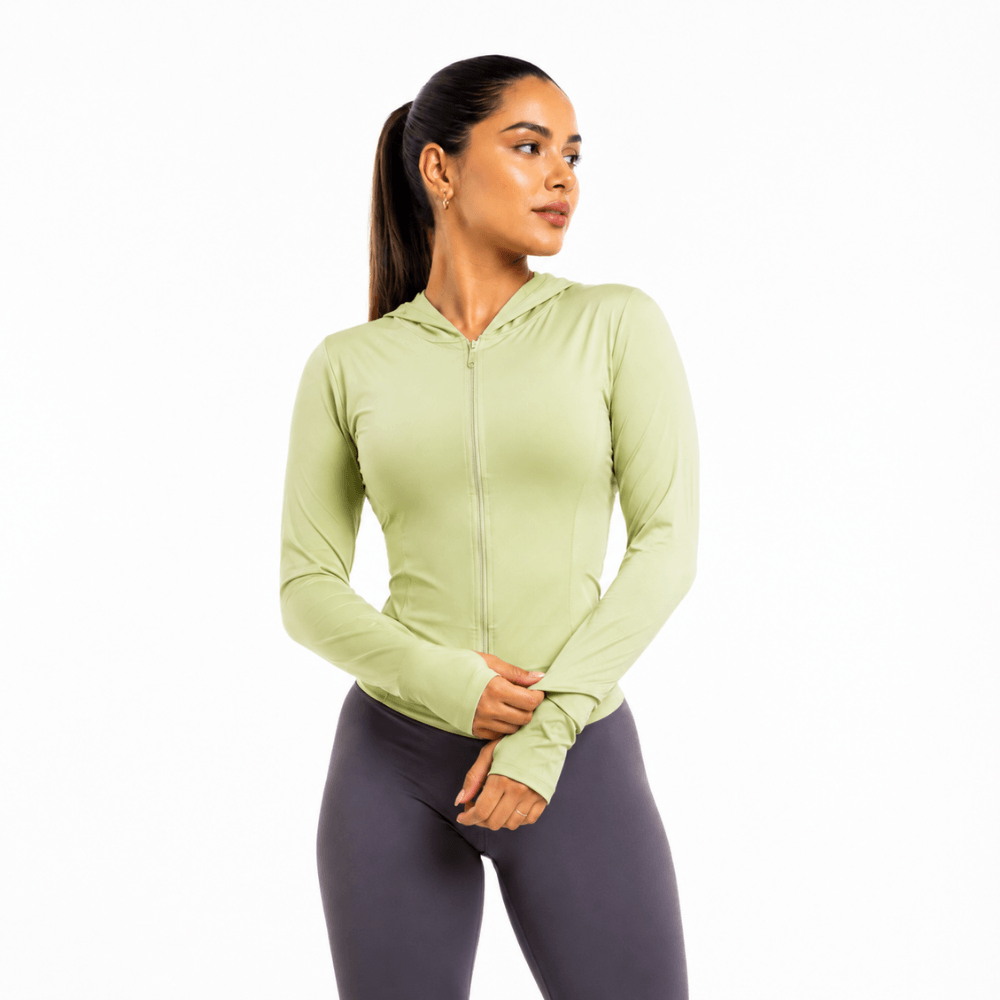 Jaqueta Fitness Feminina com Capuz Manga Longa Dry Fit Zíper Verde Claro