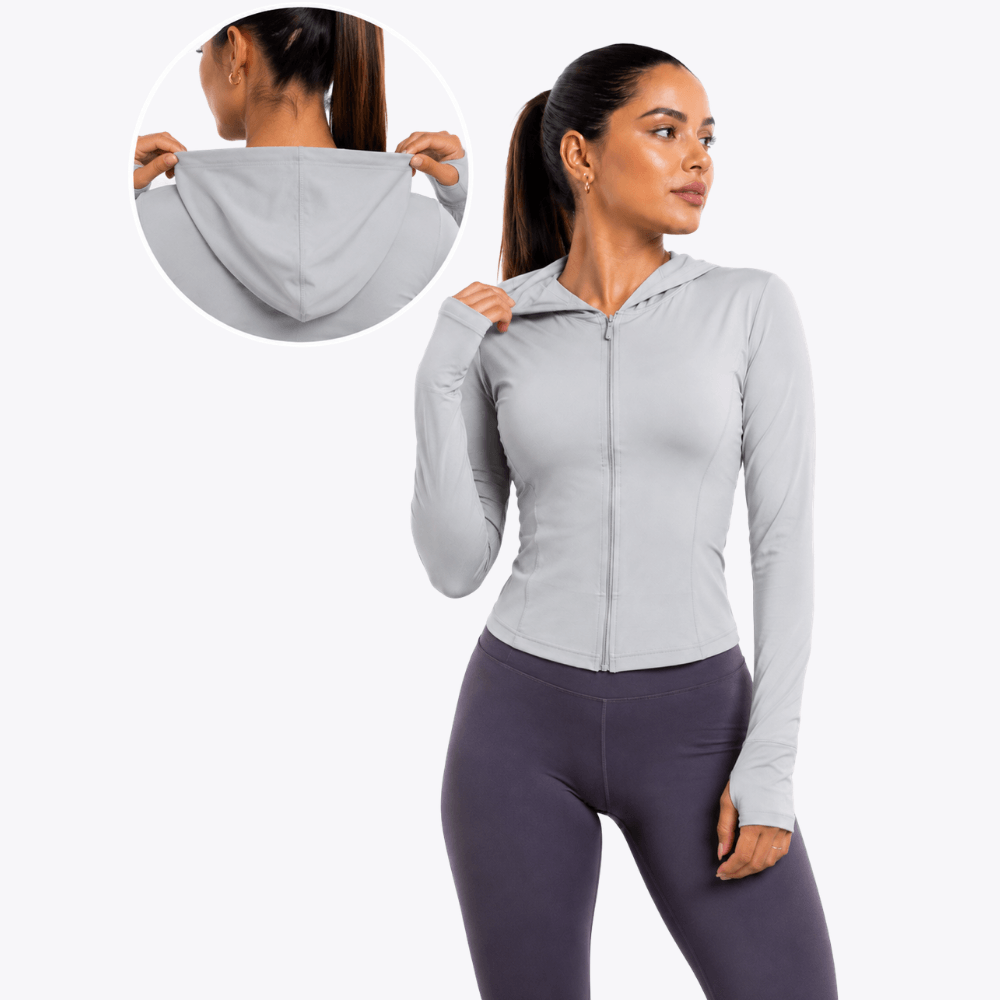 Jaqueta Fitness Feminina com Capuz Manga Longa Dry Fit Zíper Cinza