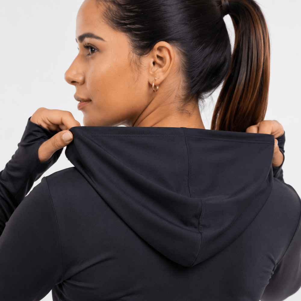 Jaqueta Fitness Feminina com Capuz Manga Longa Dry Fit Zíper Preta
