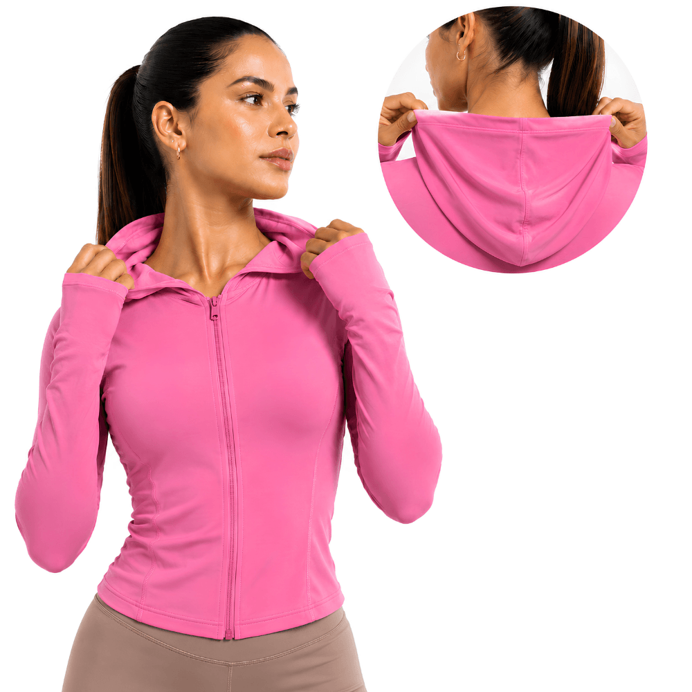 Jaqueta Fitness Feminina com Capuz Manga Longa Dry Fit Zíper Rosa