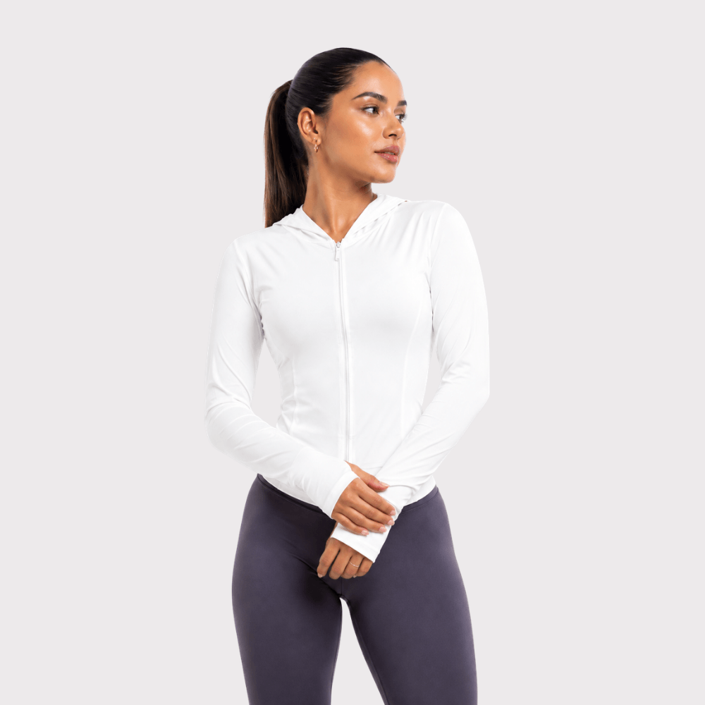 Jaqueta Fitness Feminina com Capuz Manga Longa Dry Fit Zíper Branca