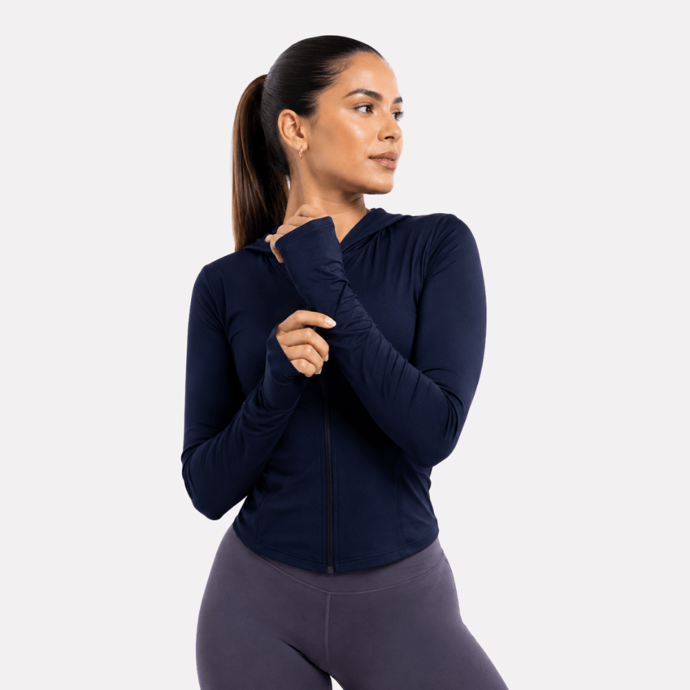 Jaqueta Fitness Feminina com Capuz Manga Longa Dry Fit Zíper Preta