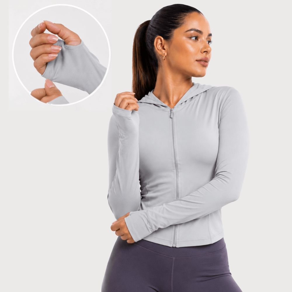 Jaqueta Fitness Feminina com Capuz Manga Longa Dry Fit Zíper Cinza