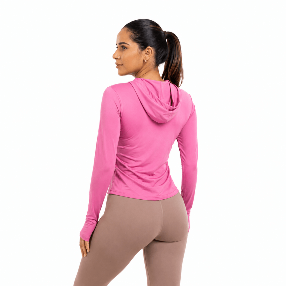 Jaqueta Fitness Feminina com Capuz Manga Longa Dry Fit Zíper Rosa