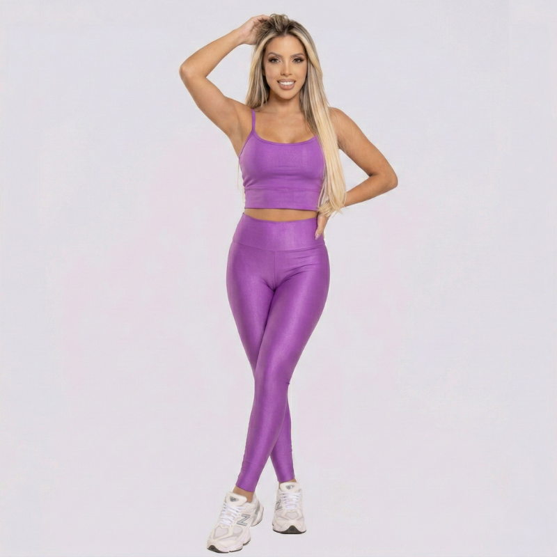 Conjunto Fitness Feminino Roxo Top e Legging Cintura Alta Premium